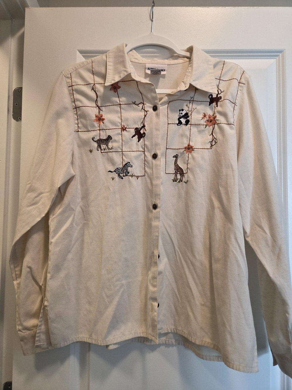 Vintage Alfred Dunner Embroidered Safari Animal Button Up Shirt Size 14